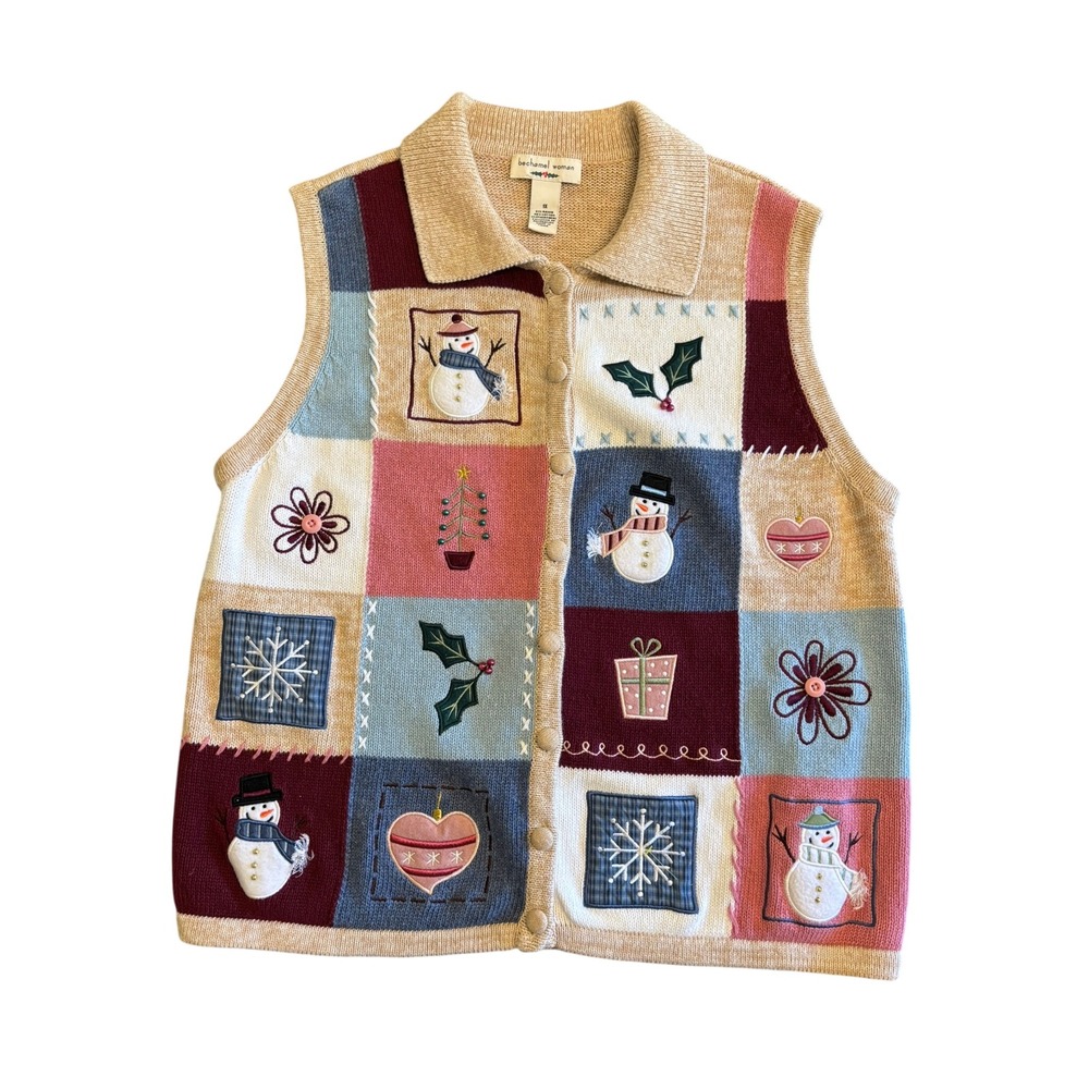 Bechamel Woman Sweater Vest Womens 1X Multi Color Patchwork Christmas Snowman